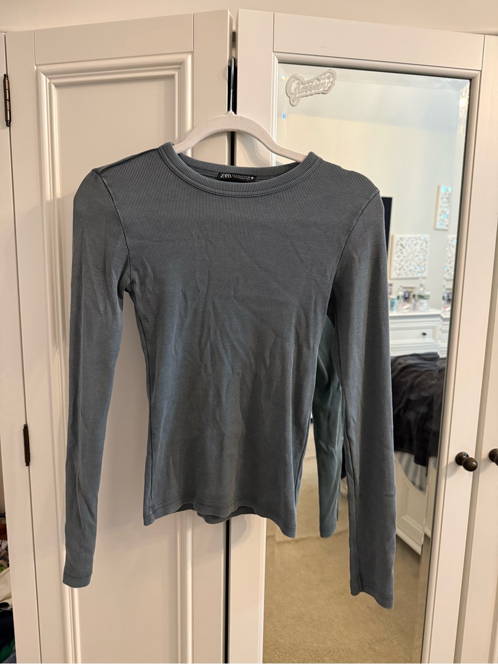 Zara Slate Blue Ribbed Long-Sleeve Crew